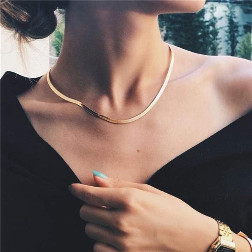 Gold Flat Chain Necklaces for Women Stainless Steel Snake Chain Cute - Picture 2 of 7